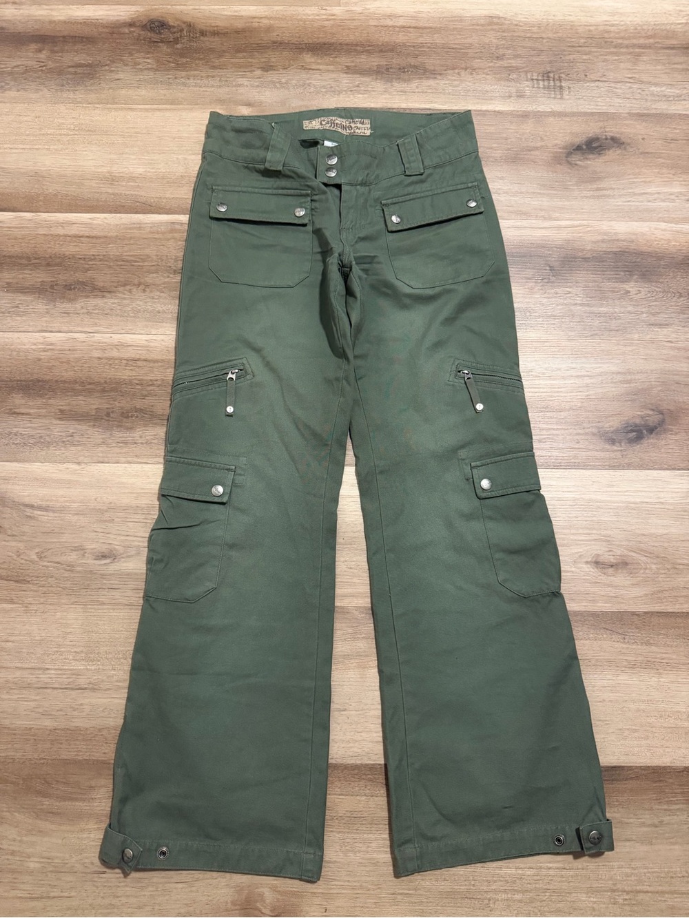 VTG Y2k CAFFEINE Pants Women’s Sz 7 Parachute Rave Wide Leg Baggie Army Green